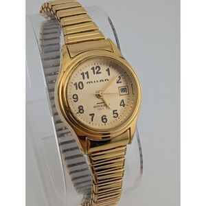 Vintage Milan Watch Women 24mm Gold Case Stretch Band Date-‎ New Battery